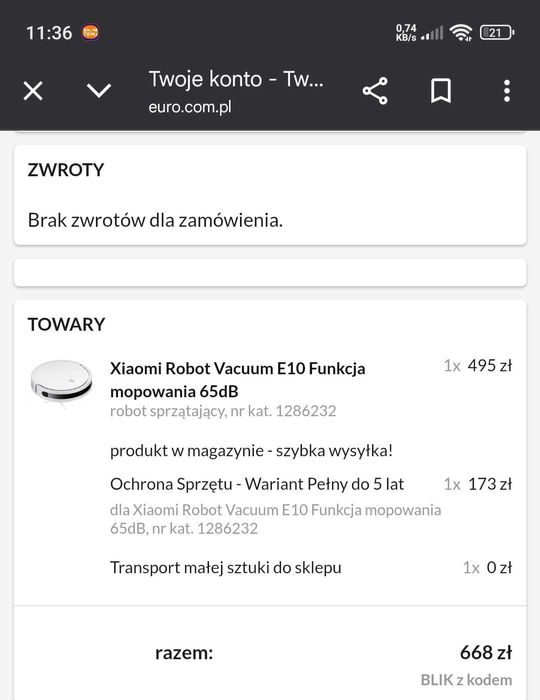 Robot sprzątający vacuumE10 Plus gwarancja