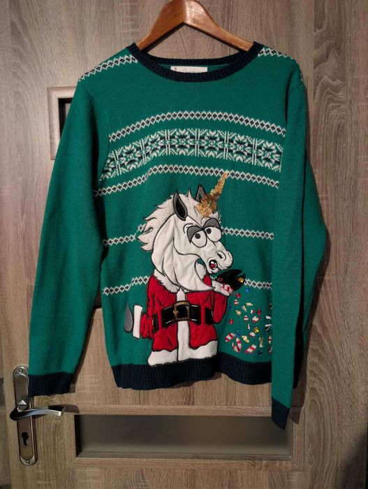 Sweter świąteczny Jolly Sweaters L –zielony jednorożec cekiny