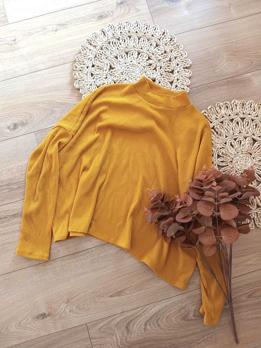 H&M cienki zwiewny lekki elegancki musztardowy sweterek z polgolfem S