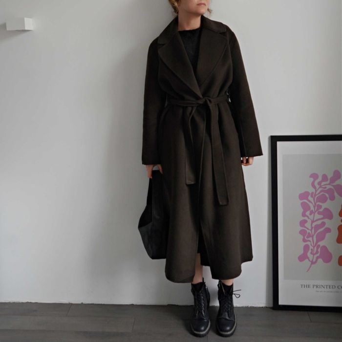 Довге вовняне двобортне пальто MANGO