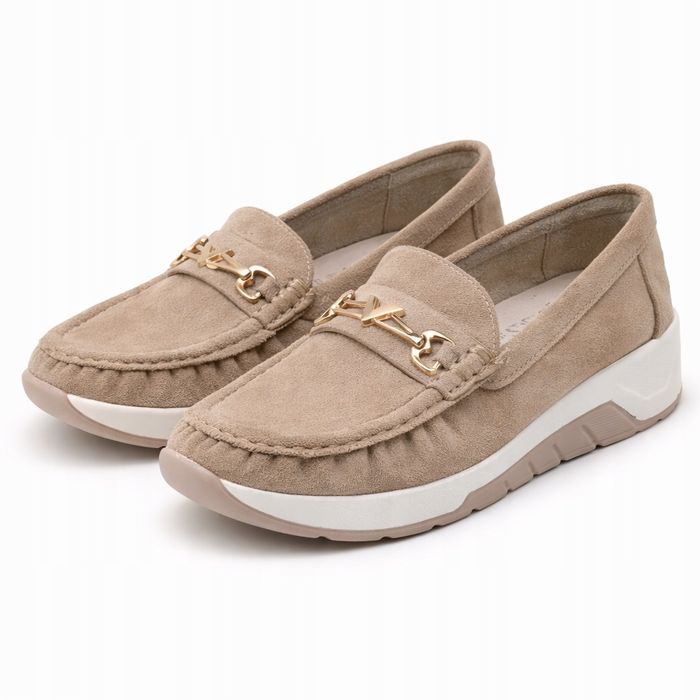 Beżowe mokasyny damskie z eko zamszu - wygodne półbuty 37