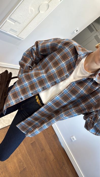 Трендова сорочка шоколад з синім в клітинку, картата сорочка коричнева