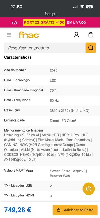 Televisão LG 75 polegadas 4k UHD smart