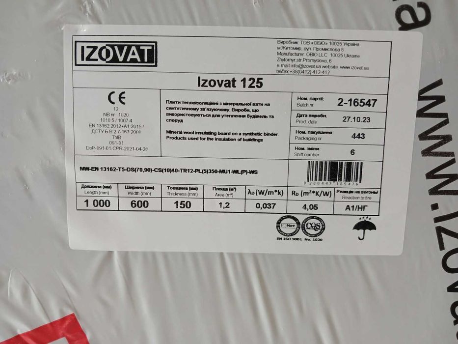 Мінеральна вата Izovat 125 1000х600х150 мм 10 шт