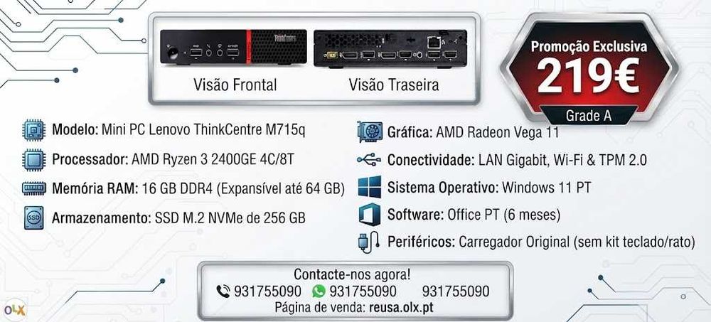 Mini PC Lenovo M715q | Ryzen 2400GE 4C/8T | 16GB DDR4 | NVMe 256GB | WiFi | W11