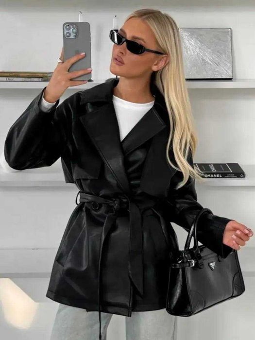 Опт та роздріб! Модный черный Тренч из эко кожи + Подарунок*