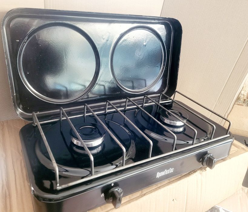 Настольная  2х горелочная газовая плита  с крышкой