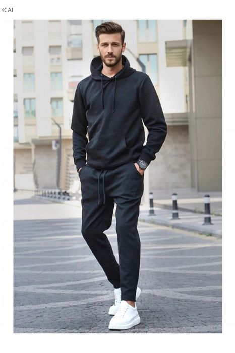 Gładki czarny dres komplet sportowy z kapturem xl 5ia