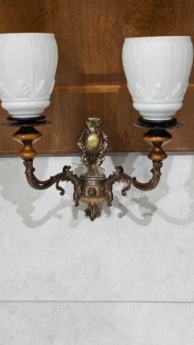 Kinkiet mosiężny + drewno 2 ramienny PRL stan idealny