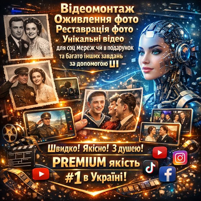 Відео монтаж,оживленя фото,в подарунок,привітання,відеокліп,ШІ, топ