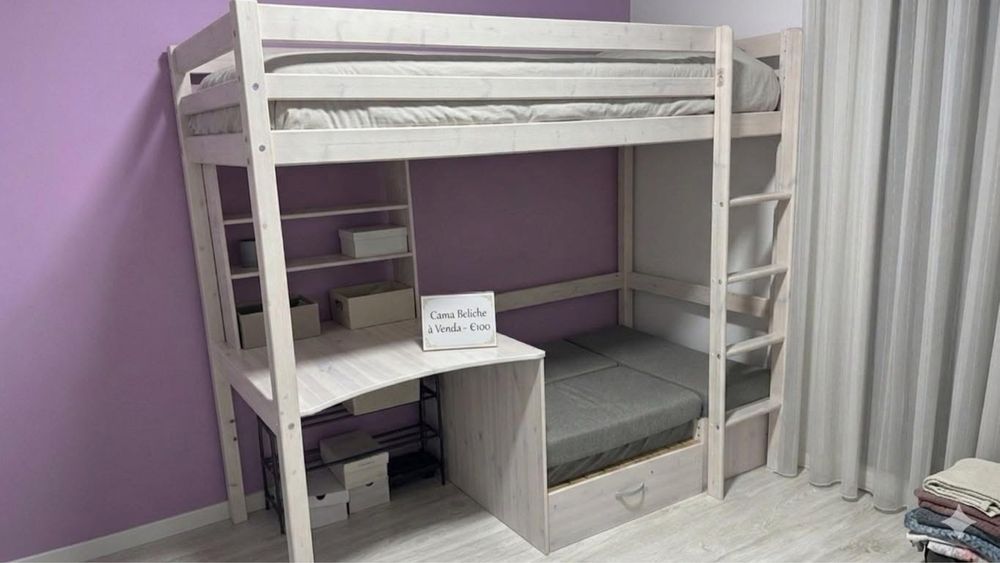 Cama alta com secretária, sofá convertível e espaços de arrumação de 90 x 200 cm em pinho maciço cor esbranquiçado - GOLIATH II Ref. 125191