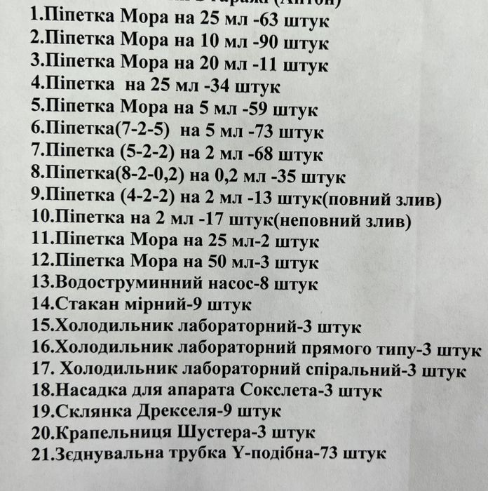 Піпетки мора, градуйовані  та інший посуд