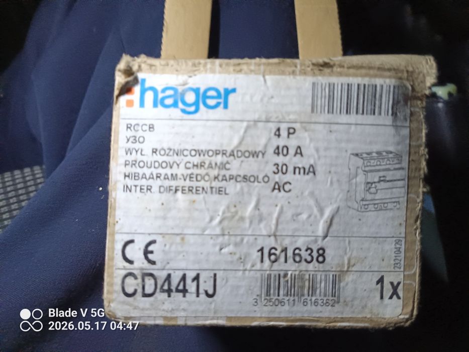 Różnicówka  wyłącznik różnicowoprądowy Hager, model CD441J.
