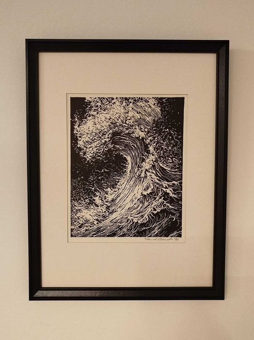 Fala Ocean Linoryt Oryginalna Grafika Artystyczna Morze Sztorm Ilustracja Obraz Plakat Dekoracja Ścienna Handmade