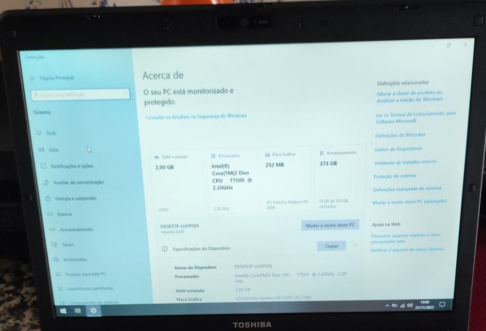 Portátil Toshiba A200 series