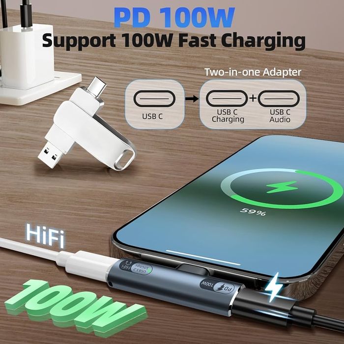 Leloco Adapter słuchawkowy USB-C – 2 w 1, 100 W, szybkie ładowanie