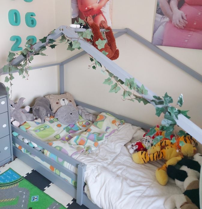 Cama 90x200 forma casinha cinzenta