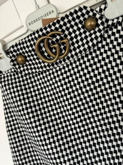 Gucci tweed pepitka spodnica z wysokim stanem z paskiem xs 34 xxs 32