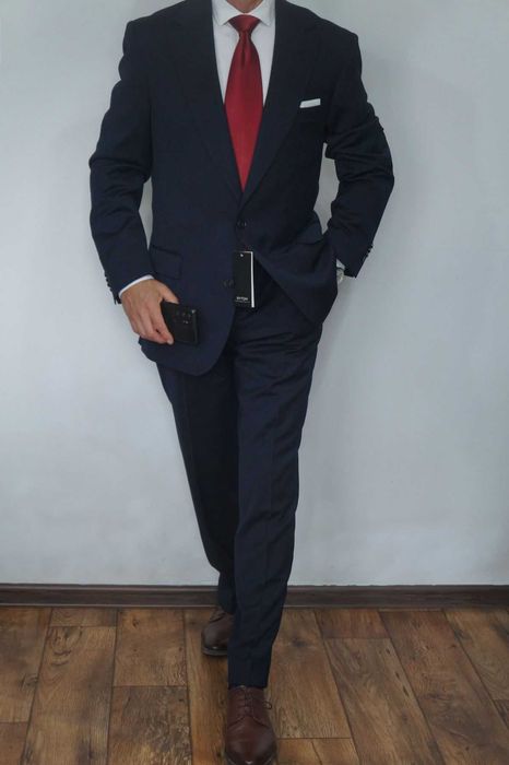 Bytom Garnitur Rozmiar 52 182/104/92 Granatowy Wełna Wyszczuplony Elegancki Nowy z Metkami Premium