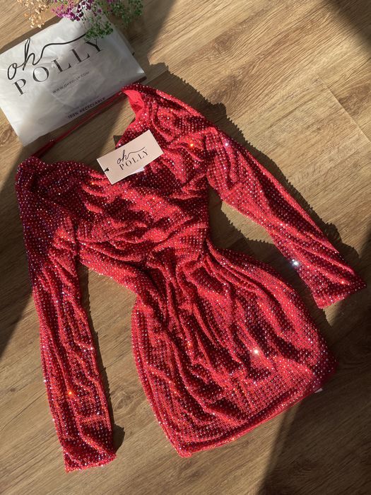 Oh Polly czerwona sukienka z cekinami odkryte plecy elegancka mini nowa z metką rozmiar L
