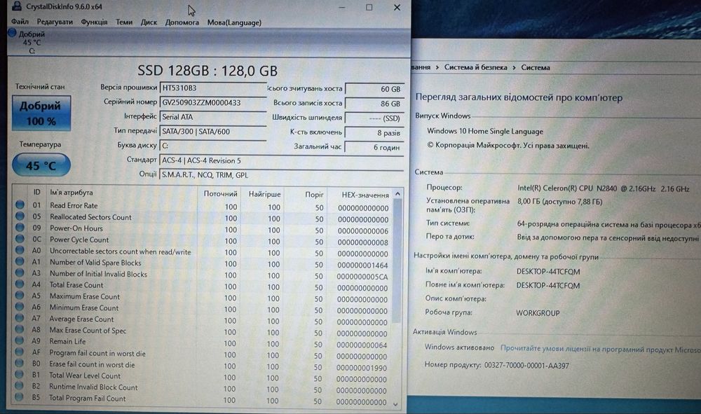 Безшумний ноутбук Lenovo. 8Gb, SSD128Gb, гарний стан та батарея.
