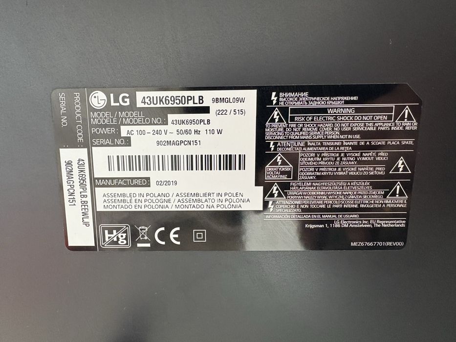 Телевізор Lg 43UK6950PLB