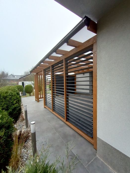 Zadaszenie tarasu z drewna • pergola • poliwęglan • blachodachówka