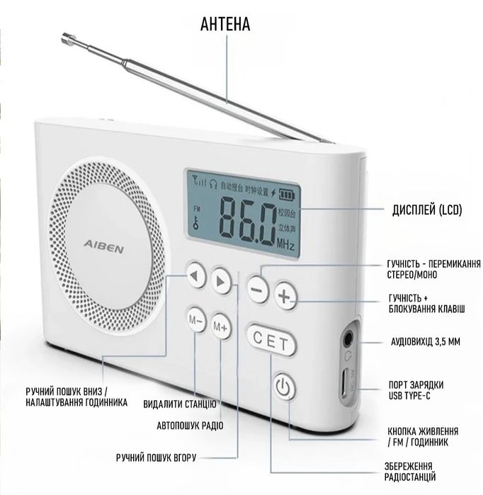 Радіоприймач кишеньковий з акумулятором 1200 мАг AIBEN C5S White (00-0