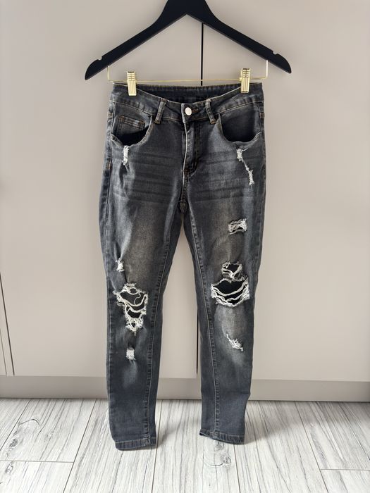Szare dżinsy rurki skinny z dziurami i przetarciami xs