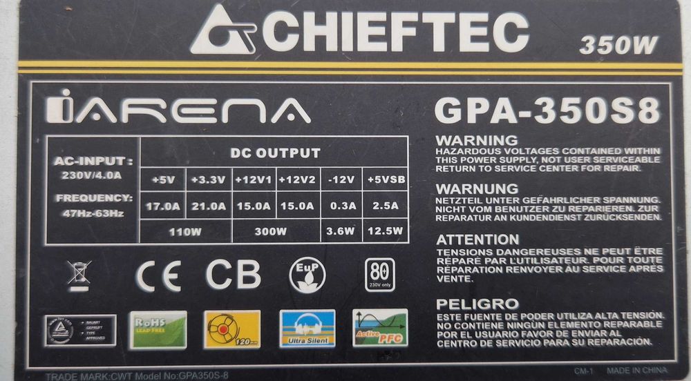Zasilacz Chieftec iARENA 350W (GPA-350S8) - Cichy 120mm, Active PFC!