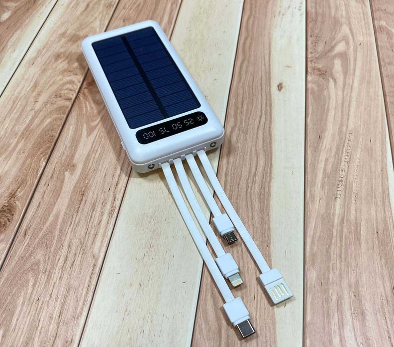 Повербанк 10 000 с кабелями, солнечная панель, фонарик, USB type-c