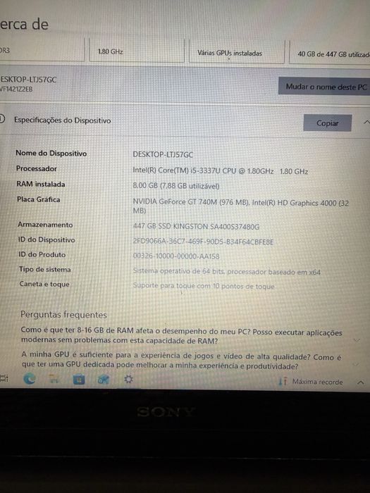 Portátil Sony VAIO (modelo SVF1421Z2EB)- Disco SSD