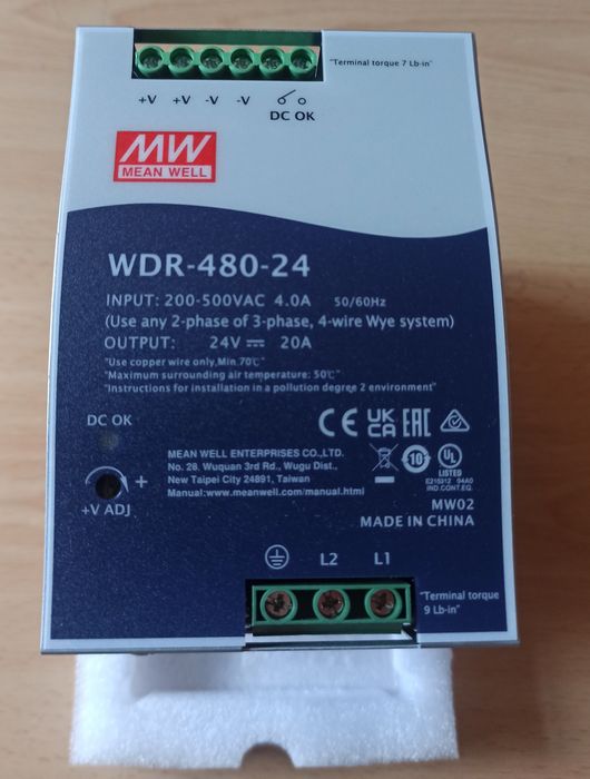 Блок живлення Mean Well WDR-480-24 На DIN-рейку 480 Вт, 24 В, 20 А