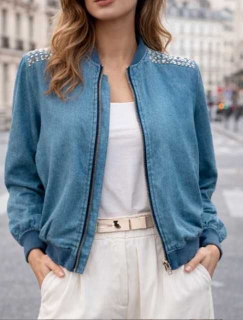Bomberka Denim,casual r.38/40 z ozdobnymi nitami srebrnymi 68%cotton