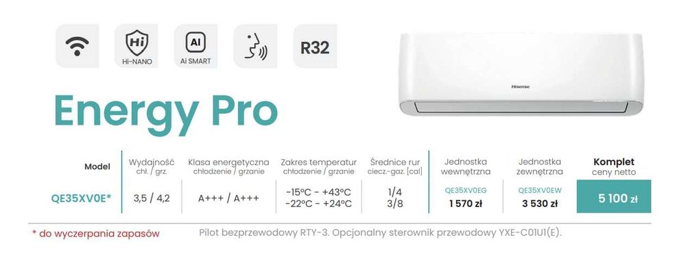 4.8 KW Hisense ENERGY PRO Ai Klimatyzator Grzanie A+++ 48m2  54% RABAT