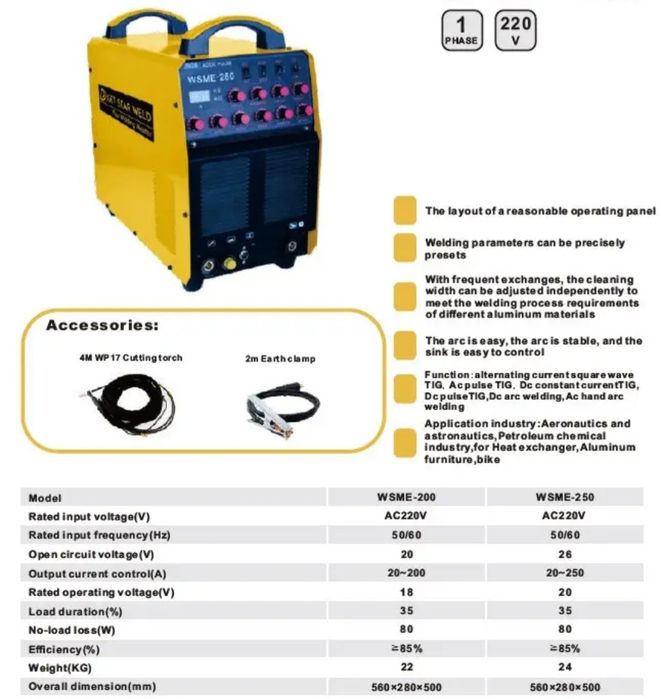 Сварка аргонодуговая GETSTAR WSME 250 AC/DC Для сварки Алюминия 220В
