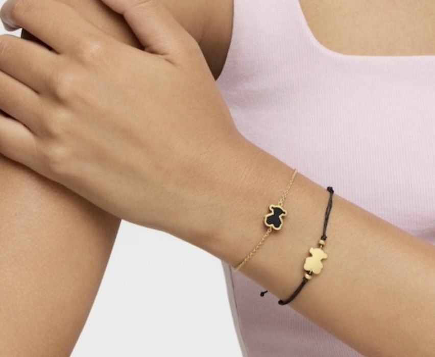 Bransoletka z misiem żółte srebro vermeil 925 czarne szkło akrylowe