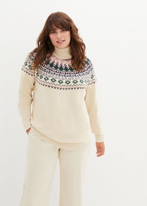 B.P.C beżowy sweter we wzór norweski z golfem 48/50.