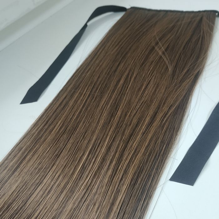 Хвіст темно-русий з рудинкою 55см на стрічках /штучне  волосся/шиньйон