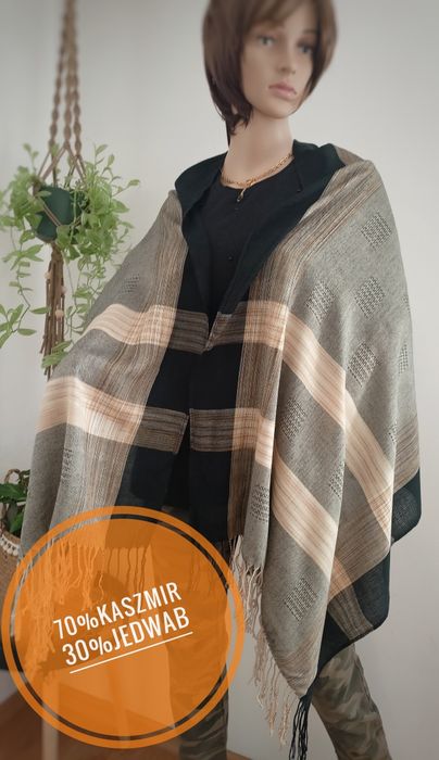 Chusta z kaszmirem i jedwabiem beż–brąz–czerń geometryczne wzory