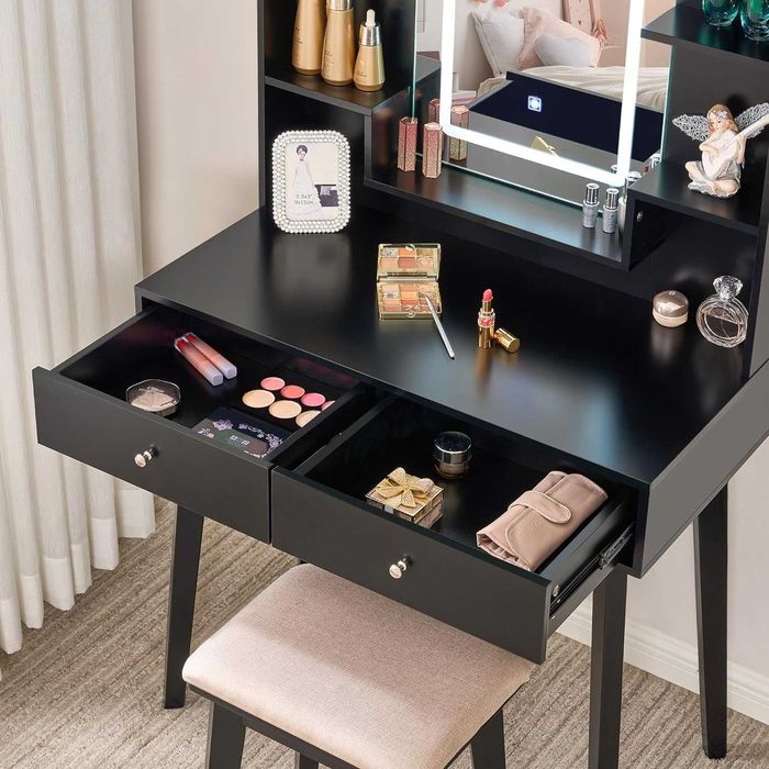 Toucador de maquilhagem com espelho LED, gavetas, prateleiras e banco