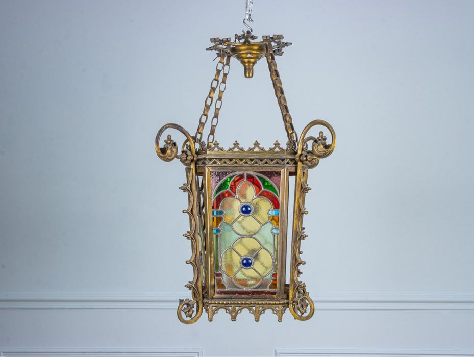 Антикварний бронзовий ліхтар з вітражами