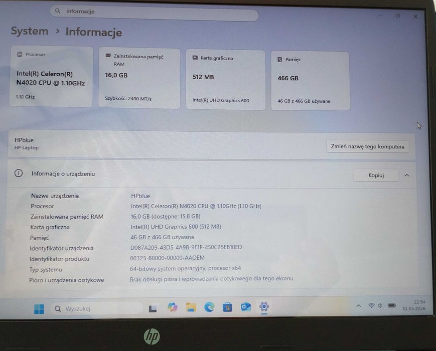 Laptop HP 15-DY0029DS Celeron N4020 1.10GHz 512GB eMMC 16GB 15.6" kolorowy