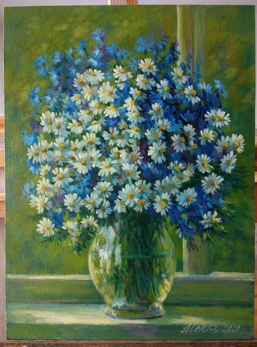 "Васильки и ромашки" картина маслом