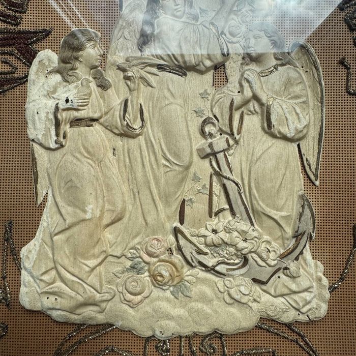 Stary obraz Wiara Miłość Nadzieja – Antyk, Haft, Punch Paper, XIX w.