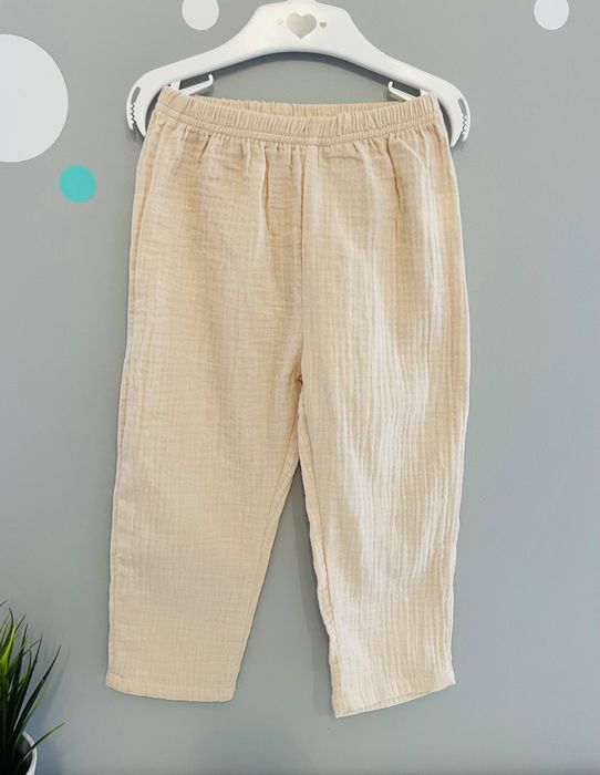 muślinowy beżowy morelowy zestaw dla chłopca koszula + spodnie r. 110