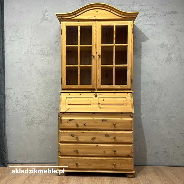 021125 Sekretarzyk wysoki z nadstawką, witryna sosnowa, biurko