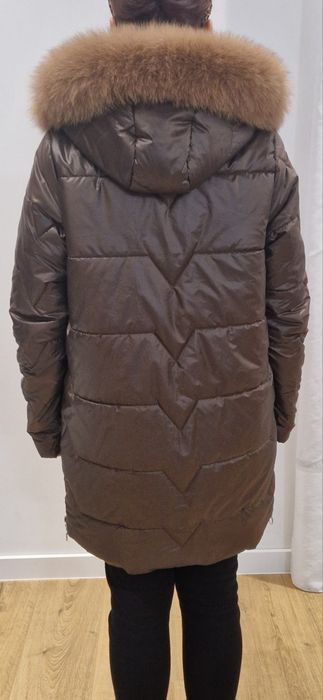 Czekoladowa brązowa polska kurtka zimowa z naturalnym lisem, r.40