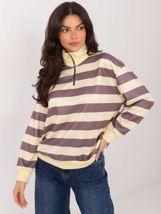 Ciemnobeżowa bluza damska oversize w paski z kołnierzykiem casual