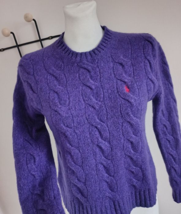 Sweter wełniany wool kaszmir fioletowy  warkocz Polo Ralph Lauren 34